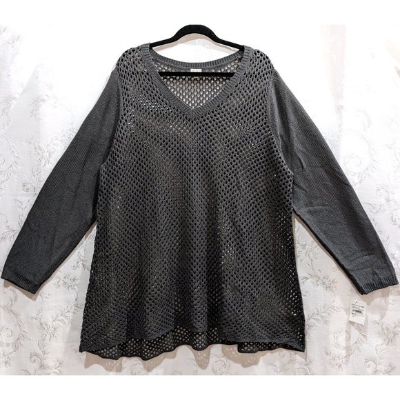 Fishnet Knit V-Neck Sweater Tunic 3X Charcoal Gray Gothic Punk Cozy Layering - Picture 1 of 4